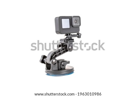  new action camera black color on mount tripod. isolated on white background