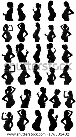 a collection of thirty silhouettes of pregnant woman on white background