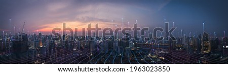 Smart city dot point connect with gradient line, connection technology metaverse concept. Bangkok, Thailand night city banner with big data.  Royalty-Free Stock Photo #1963023850