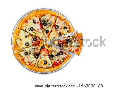 Sliced pizza close-up on white isolated, top view. Concept for flyer or banner of pizza delivery or restaurant.