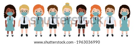 Kids in medical mask. Social distancing. Vector boy and girl. Protect virus. Cartoon characters isolated on white background. People collection