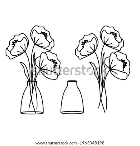 Poppy line style floral bouquet in a vase jar vector illustration.