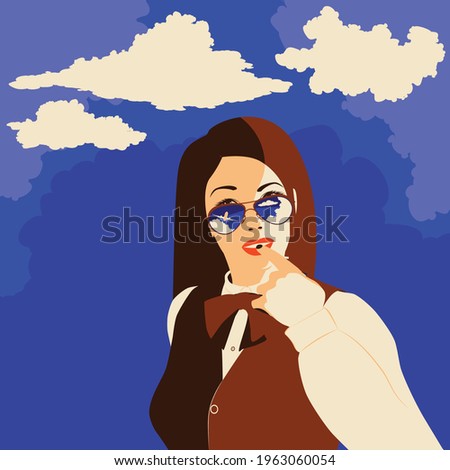 Portrait of a girl in sunglasses with reflective airplane and blue sky.