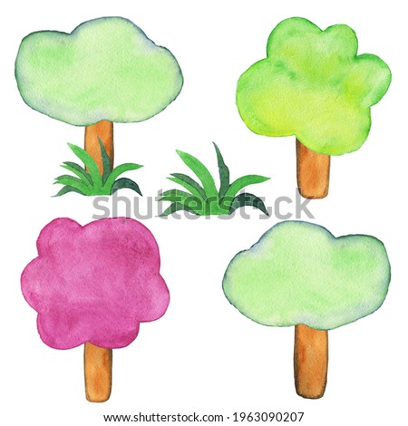 Watercolor cartoon tree elements isolated on white background. Hand drawing illustration. Different season – summer, autumn, spring.