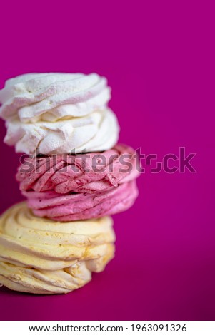 Three Fruit Marshmallows, Pastry Baked Goods, Sweets On Pink Background.