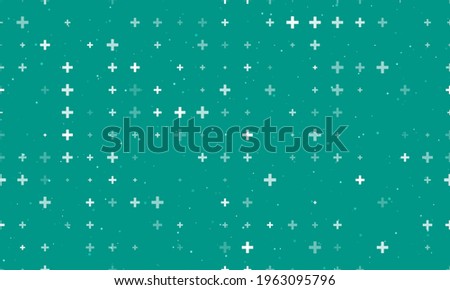 Seamless background pattern of evenly spaced white plus symbols of different sizes and opacity. Vector illustration on teal background with stars Royalty-Free Stock Photo #1963095796