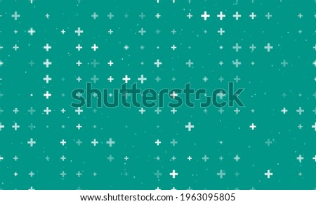 Seamless background pattern of evenly spaced white plus symbols of different sizes and opacity.  illustration on teal background with stars