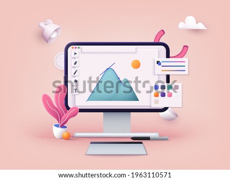 Computer display with vector design program. 3D Web Vector Illustrations. Royalty-Free Stock Photo #1963110571