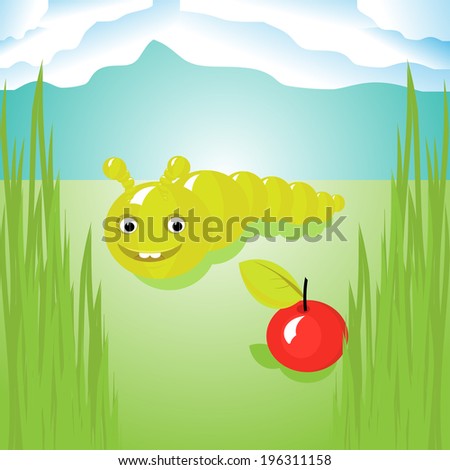 Vector illustration of the delight smiling caterpillar happily watching the red apple.