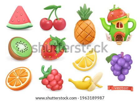 Sweet fruits icon set. Watermelon, kiwi, orange, cherry, strawberry, raspberry, pineapple, lemon, banana, grapes. Plasticine art objects Royalty-Free Stock Photo #1963189987