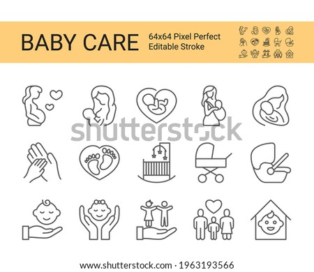 Baby care and safety icon set. Editable vector stroke. 64x64 Pixel Perfect. Royalty-Free Stock Photo #1963193566