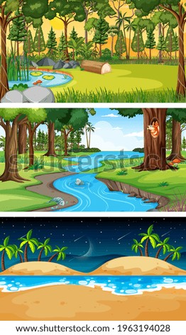 Set of different types of forest horizontal scenes illustration