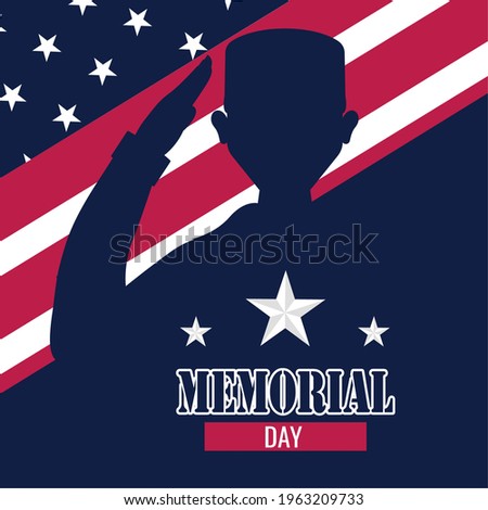 US army man silhouette over a flag of United States. Memorial day poster - Vector illustration