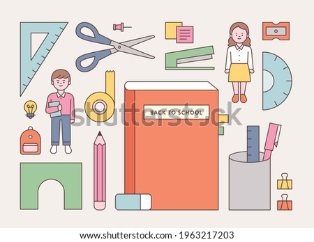 School supplies and student characters. flat design style minimal vector illustration.