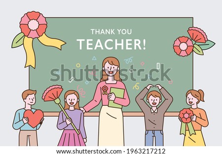 Teacher's Day commemorative thanks event. Young students and teachers are standing in front of the blackboard holding flowers. flat design style minimal vector illustration.