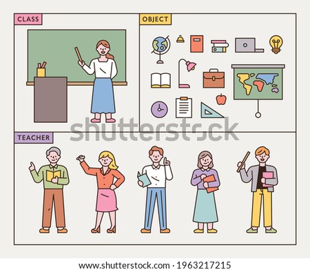 Teachers in class characters and school supplies icons. flat design style minimal vector illustration.