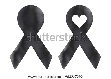Water color illustration set of two black ribbon emblems: blank one template and with love heart shape inside. Hand painted watercolour drawing, cut out clipart elements for design, card, banner.
