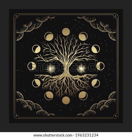 Magical sacred tree in moon phase decoration with engraving, hand drawn, luxury, celestial, esoteric, boho style, fit for spiritualist, religious, paranormal, tarot reader, astrologer or tattoo  Royalty-Free Stock Photo #1963231234