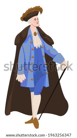 Male character wearing baroque or rococo clothes, holding walking stick. Man in cloak and costume, vintage headwear. Suit for theatre play, dramatic masquerade. French guy, vector in flat style Royalty-Free Stock Photo #1963256347