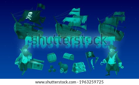 Ghost ship set with pirate, treasure chest and black jolly roger flag. Vector cartoon icons of spirit of dead captain, broken sail boats, cannon, sword and spyglass isolated on blue background