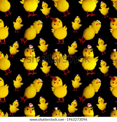 seamless pattern of toy chickens isolated on a black background. High quality photo