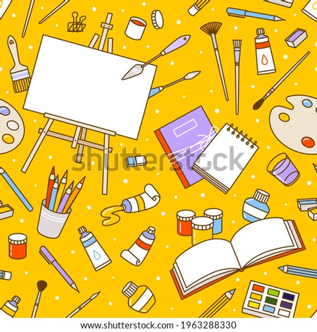 Seamless pattern art supplies on yellow - easel, sketchbooks, paints, watercolor, palette, brushes, drawing pencils - cartoon background for happy art design