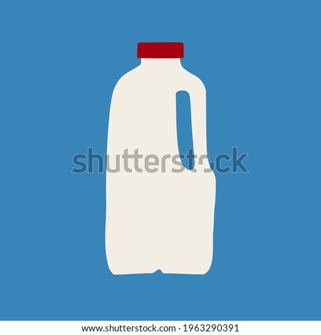 Hand drawn vector illustration of milk in plastic white half gallon jug with red cap. Isolated on blue background