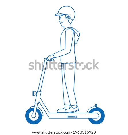 Illustration of a man riding an electric kickboard. Sports, entertainment, transportation, vector data. Line art.
