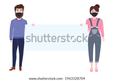 Young happy businessman and businesswoman character standing wearing business outfit and facial fabric mask with placard