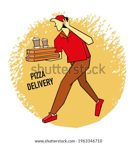 Fast delivery of pizza by courier. Bright yellow and red icon, sticker. Vector illustration for design, advertising.