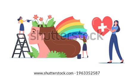 Mental Health Concept. Tiny Women Characters Watering Flowers and Painting Rainbow at Huge Female Head. Psychological Support, Healthy Mind, Positive Thinking. Cartoon People Vector Illustration