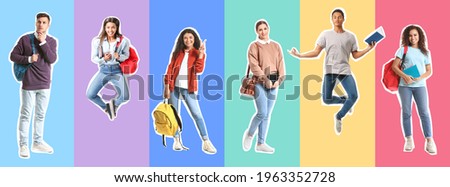 Collage with students on color background Royalty-Free Stock Photo #1963352728