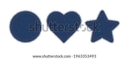Denim circle, heart and star shapes with stitches. Torn jean patch with seam. Vector realistic illustration on white background. Royalty-Free Stock Photo #1963353493