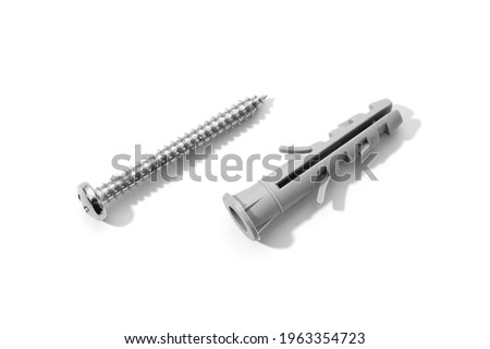 Plastic dowel and screw isolated on a white background. Expansion anchors or fixing dowel with chromed screw