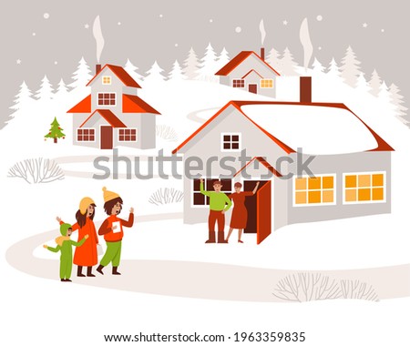Children are walking around the village and singing Christmas songs. Village in the winter season. Festive winter design. Flat vector illustration.