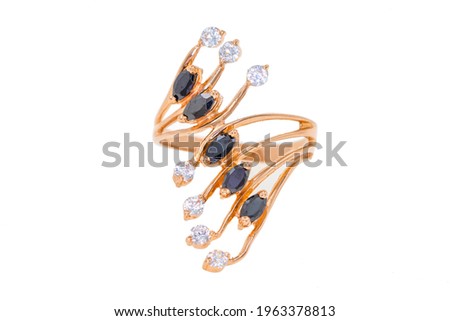 Gold ring with diamonds close-up. Jewelry, accessory isolated on white background. Female decoration, gift