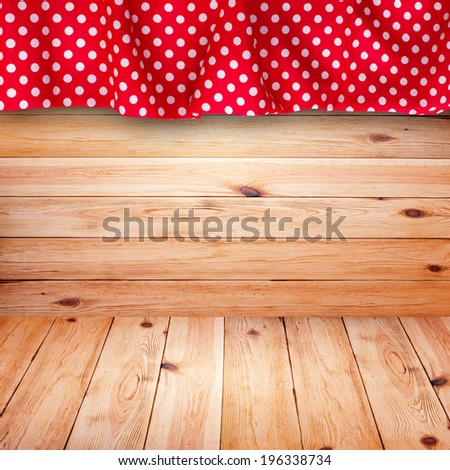 Wood texture background. Pure notebook for recording menu, recipe on red checkered tablecloth tartan. Wooden table close up view from top 