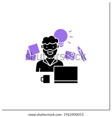 Designer glyph icon. Person creates tangible or intangible objects, products, processes,graphics and services. Career concept. Filled flat sign. Isolated silhouette vector illustration