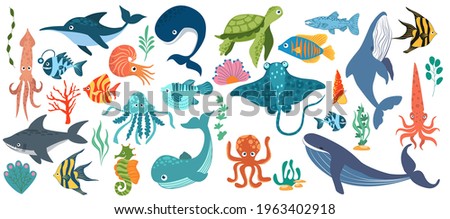 Fish and wild marine animals are isolated on white background. Inhabitants of the sea world, cute, funny underwater creatures dolphin, shark, ocean crabs, sea turtle, shrimp. Flat cartoon illustration