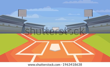 Baseball stadium view, banner in flat cartoon design. Sports center field for game, base, spotlights, stands with seats for spectators. Competitions concept. Vector illustration of web background