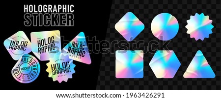 Holographic stickers. Hologram labels of different shapes. Colored blank rainbow shiny emblems, label. Paper Stickers. Vector illustration Royalty-Free Stock Photo #1963426291