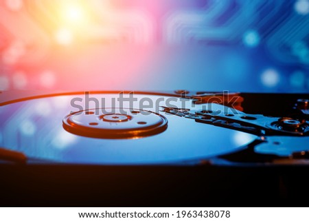 The abstract image of inside of hard disk drive. The concept of data, hardware, and information technology