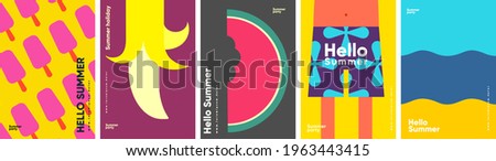 Summer. Ice cream, banana, watermelon, beach shorts and the sea. Set of vector illustrations. Abstract vector background patterns.Perfect background for posters, cover art, flyer, banner. Royalty-Free Stock Photo #1963443415