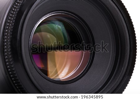 Macro view of professional photograph camera lens, isolated on white background.
