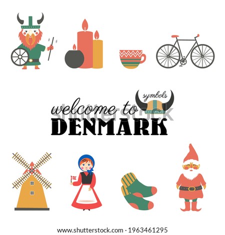 Set of Danish symbols bicycle, candles, tea cup, cartoon viking, kid girl in traditional suit, socks, Scandinavian Christmas elf isolated on white, Simple colorful flat icon, decorative design sign 