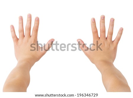 Two hands pushing forward, isolated on white, clipping path Royalty-Free Stock Photo #196346729