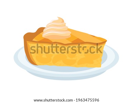 Piece of apple fruit cake with whipped cream vector. Sweet traditional Apple Pie on a plate icon vector. Piece of apple pie clip art isolated on a white background