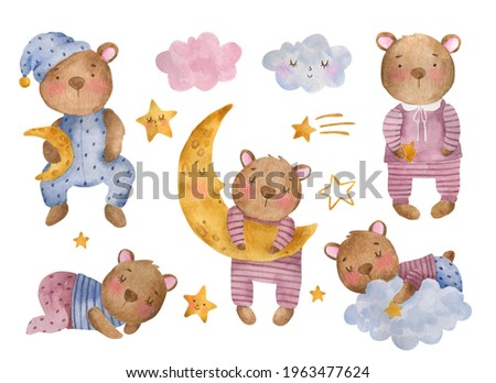 Hand drawn set with sleeping bears. Watercolor teddy pose set. Cute illustration adorable animal.