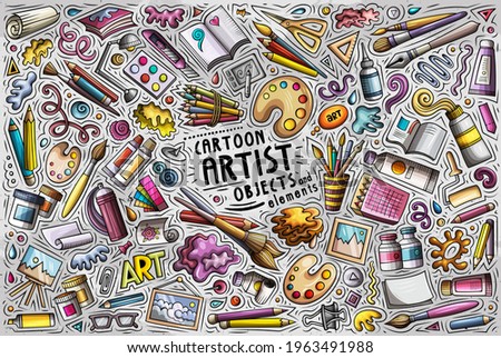 Colorful vector hand drawn doodle cartoon set of Artist theme items, objects and symbols