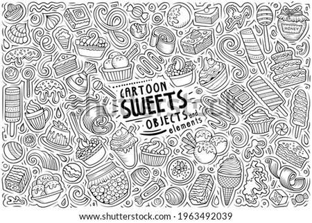 Line art vector hand drawn doodle cartoon set of Sweets theme items, objects and symbols